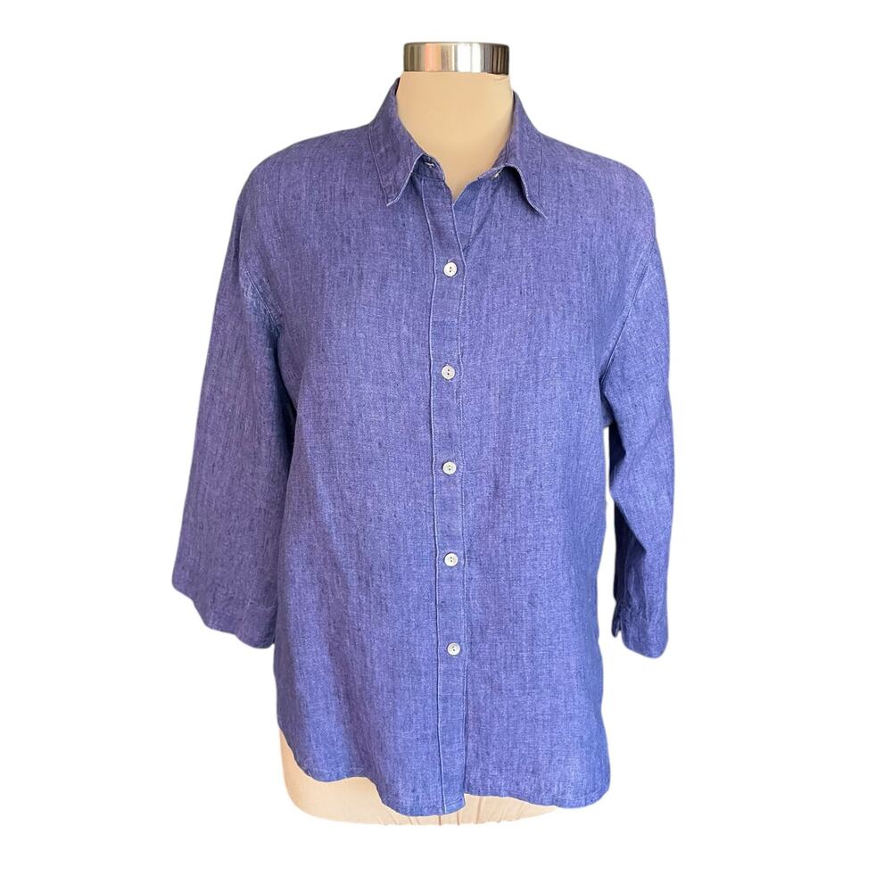 Chico's Design 100% Linen Button Up Blue Top Collared Sz LARGE Casual Minimalist